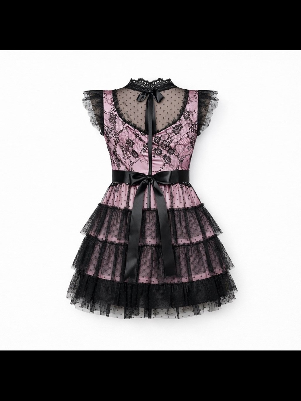 ISO Lace Tiered Pink & Black Party Dress with Satin Bow - Picture 4 of 6